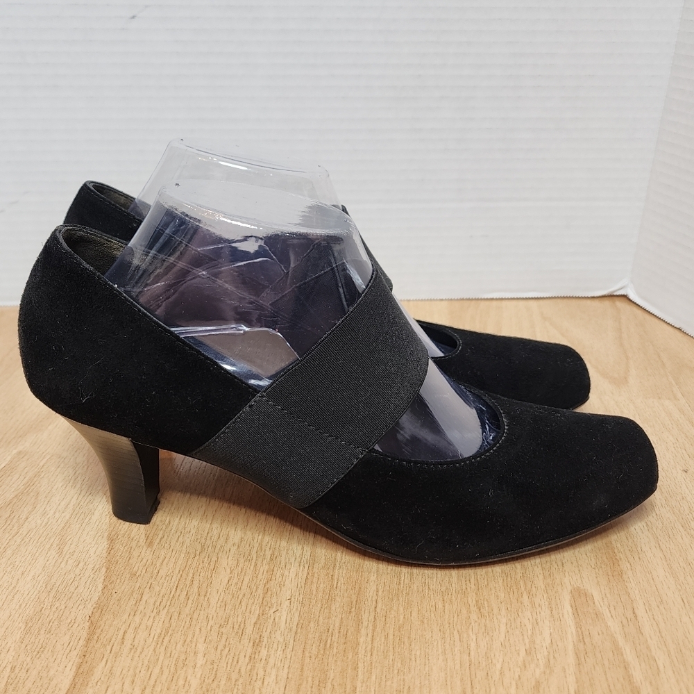 Paul Green Black Suede Elastic Strap Round Square Toe Heels Pumps size 9